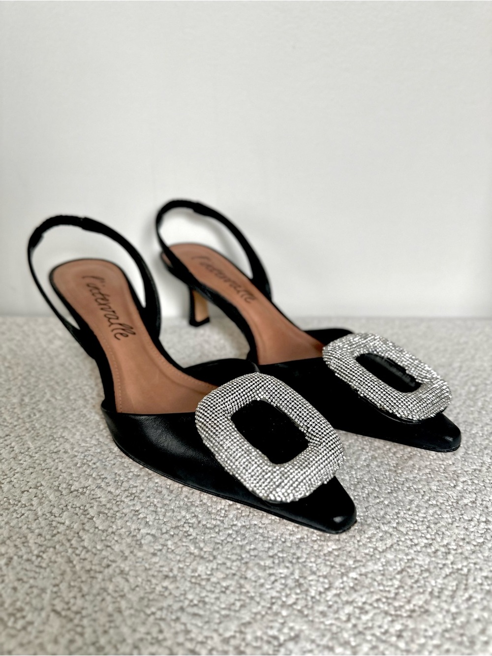 L’intervalle Women’s Black Slingback Pointed-Toe Heels with Crystal Buckle - Picture 3 of 12